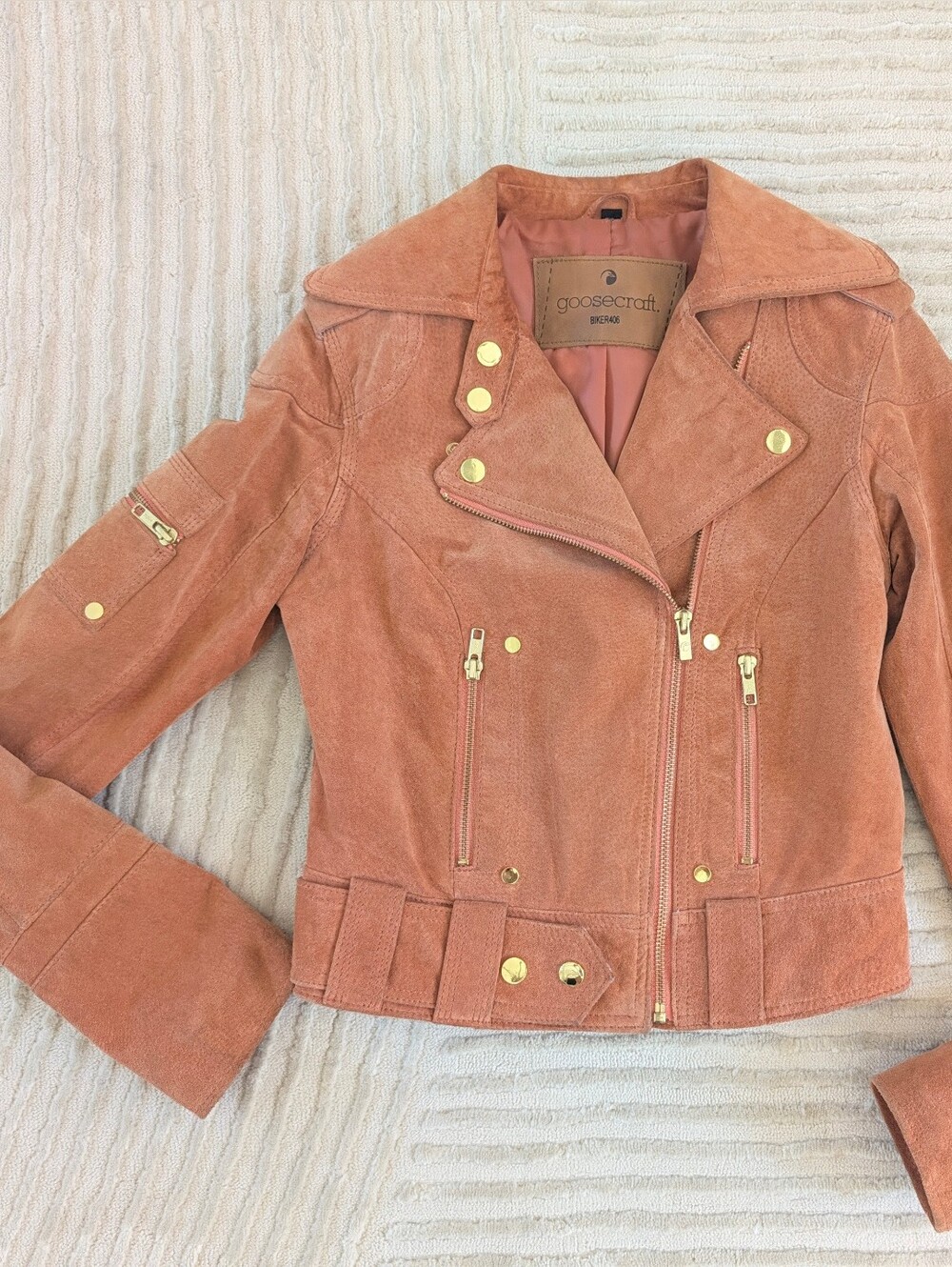 Suede Moto Jacket in Rust Pink - by Goosecraft